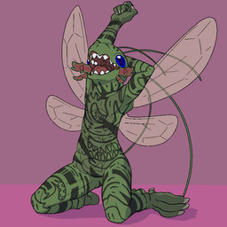 ambiguous_gender antennae_(anatomy) blue_eyes claws female green_body hand_behind_head kneeling mandibles markings open_mouth pink_background raised_arm red_tongue simple_background solo tattoo teeth tongue wings xenopera arthropod humanoid 1:1 2021 aliasing digital_media_(artwork)