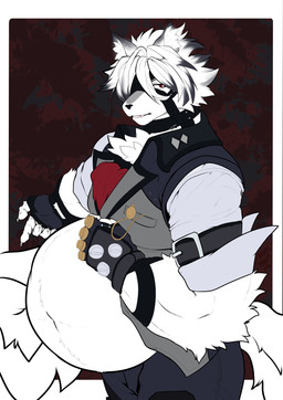 anthro belly big_belly eye_patch eyewear fur male overweight overweight_male red_eyes solo white_body white_fur clovishusky mihoyo zenless_zone_zero von_lycaon canid canine canis mammal wolf absurd_res hi_res