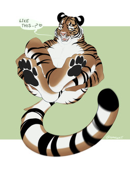 anthro dialogue ears_down feet foot_focus heart_symbol looking_away male naturally_censored nude pawpads paws pivoted_ears pose raised_foot shy soles solo speech_bubble tail tail_motion text toes smutzkii ronto_(germfreak) felid mammal pantherine tiger absurd_res english_text hi_res