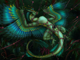 balls bdsm bondage bound claws erection feathered_wings feathers feral forest fur gag genitals green_body green_fur horn jungle lianas male muzzle_(object) muzzled nude penis plant restraints solo spread_legs spreading suspension suspension_bondage tail tapering_penis tree vine_bondage vines wings ryinn european_mythology mythology dragon mythological_creature mythological_scalie scalie western_dragon wyvern 2022 hi_res