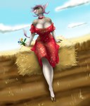 anthro big_breasts breasts clothed clothing countryside curvy_figure day dress female fully_clothed green_eyes hair hay hooves horn light outside pink_hair solo sunlight hikaruthewolf bovid bovine cattle mammal hi_res sketch