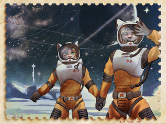 anthro blue_eyes brown_hair clothing date discovery duo female fur grey_body grey_fur grey_hair hair hand_holding male orange_clothing photo planet red_star space spacesuit standing star text yellow_eyes xleb0rezka annet_(xleb0rezka) rocky_(xleb0rezka) felid feline lynx mammal 2022 4:3 digital_drawing_(artwork) digital_media_(artwork) hi_res russian_text translated watermark