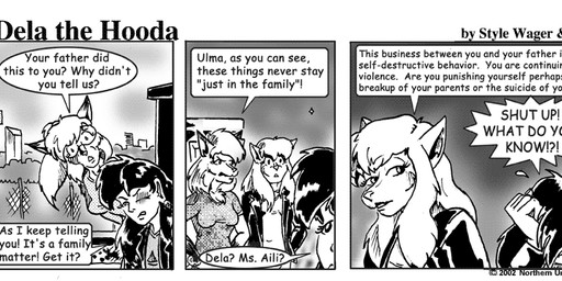 anthro breasts bruised bruised_eye clothed clothed_female clothing dialogue eyewear female fur goggles group hair jacket open_clothing open_jacket open_topwear text topwear style_wager dela_the_hooda dela_aldershaw melody_aldershaw ms._aili ulma_(dela_the_hooda) canid canine domestic_cat felid feline felis fox goblin hooda humanoid mammal 2002 comic english_text greyscale monochrome