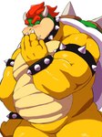 anthro barazoku belly blush eyes_closed humanoid_hands kemono male overweight overweight_male simple_background solo white_background yoshizaurusu_n mario_bros nintendo bowser koopa scalie 2021 3:4 hi_res