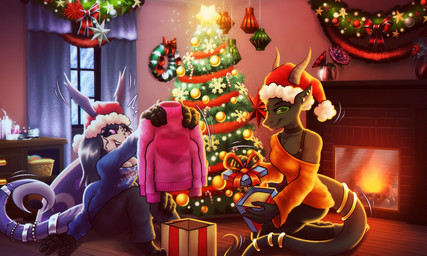 4_arms 4_fingers antennae_(anatomy) anthro back_wings black_body black_bottomwear black_clothing black_ears black_face black_feet black_hands black_pants black_sclera black_skin black_tail blue_clothing blue_shirt blue_topwear bottomwear box casual_clothing christmas_clothing christmas_headwear christmas_tree clothed clothed_anthro clothed_female clothing container cozy decorated detailed_background duo feet female female_anthro fingers fireplace fully_clothed fully_clothed_anthro fully_clothed_female fur gift gift_bow gift_box green_eyes hat headgear headwear holidays multi_arm multi_limb ornament pants pink_clothing pink_eyes pink_sweater pink_topwear plant purple_antennae purple_body purple_curtains purple_fur purple_tail purple_wings red_bow red_clothing red_shirt red_topwear santa_hat shirt snowflake snowflake_print star sweater tail topwear tree white_body white_face white_fur wings winter winter_clothing wreath shad0w-galaxy christmas davjo_(character) octavia_darkstar_(davjo) arthropod insect lepidopteran moth selenite 5:3 hi_res female_(lore) gynomorph_(lore)