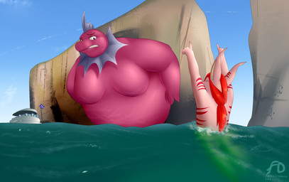 anthro cliff duo extreme_size_difference female landmark macro moobs overweight pink_body sea size_difference stuck through_wall water fattydragonite aquatic sea_monster