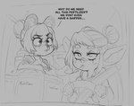 2022 anthro bear big_ears clothed clothing confusion dialogue duo english_text female flauschdraws giant_panda goblin humanoid iza_(flauschdraws) mammal monochrome short_stack smoking text vehicle weapon