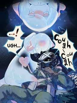 2_panel_comic beach black_text blush blush_lines cough diving_suit duo exclamation_point first_person_view heart_symbol holding_another looking_at_another lying male on_back pink_body pink_eyes sand sitting sky speech_bubble tail text translucent translucent_body water white_body rurupo aquatic aquatic_gastropod clione gastropod human humanoid mammal mollusk sea_angel sea_slug slug 2026 absurd_res comic english_text hi_res