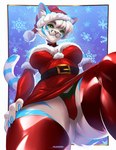 anthro blue_stripes breasts christmas_clothing clothed clothing female fur green_eyes holidays legwear panties panty_shot solo stripes thigh_highs underwear upskirt white_body white_fur kiliankuro christmas aura_(trepaura) animate_inanimate felid living_clothing mammal pantherine tiger