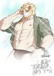 abs aloha_shirt anthro blonde_hair bulge clothing fur hair male muscular muscular_anthro muscular_male nipples pattern_clothing pattern_shirt pattern_topwear pecs shirt solo speedo swimwear topwear white_body white_fur chuurow lifewonders live_a_hero astosis felid lion mammal pantherine absurd_res hi_res