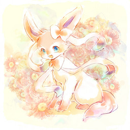 3_toes abstract_background ambiguous_gender blue_eyes feet feral flower fur kemono open_mouth pink_body pink_fur plant sitting smile solo toes white_body white_fur dufy nintendo pokemon eeveelution generation_6_pokemon pokemon_(species) sylveon 1:1 2015