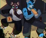 anthro athletic athletic_anthro athletic_male biceps biped blue_body blue_eyes blue_fur brown_body brown_fur duo eating facial_piercing fast_food food fur green_eyes heterochromia hot_dog male nose_piercing nose_ring piercing ring_piercing sandwich_(food) white_body white_fur ankorthewolf hyena mammal 2024 absurd_res full-length_portrait hi_res portrait