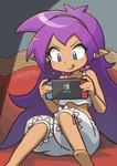 4_toes barefoot blep blue_eyes brown_body brown_skin clothing electronics feet female gaming hair headphones humanoid_feet humanoid_pointy_ears long_hair not_furry pajamas plantigrade playing_video_game pointy_ears purple_hair simple_background sitting soles solo toes tongue tongue_out anonymous_artist nintendo nintendo_switch shantae_(series) wayforward shantae genie humanoid