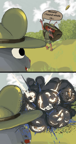 antennae_(anatomy) anthro blood blue_blood bodily_fluids clothing colored_blood duo explosion female fur grey_body grey_fur hair male military_uniform red_body red_hair uniform unusual_blood unusual_bodily_fluids basedbinkie molb_(artist) arthropod insect mammal mouse murid murine rodent absurd_res comic hi_res