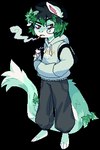 ambiguous_gender anthro backpack barefoot beanie biped blinking brown_eyes cigarette clothed clothing eyebrows feet fur green_hair hair hand_in_pocket hat headgear headwear hoodie pockets smoking solo standing tail topwear white_sclera flavia-elric mammal 2019 animated digital_media_(artwork) low_res