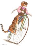 barefoot bicycle bow_tie brown_clothing brown_hat brown_headwear clothed clothing feet hair hat headgear headwear ponytail simple_background solo vehicle white_background rivercoon penny_farthing felid mammal pantherine taur tiger 2015 traditional_media_(artwork)