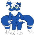 2_tails animal_genitalia anthro balls biped blue_body blue_fur detached_sheath fur genitals green_sclera male multi_tail navel paws sheath solo tail indigo_blue nintendo pokemon generation_6_pokemon meowstic pokemon_(species) hi_res