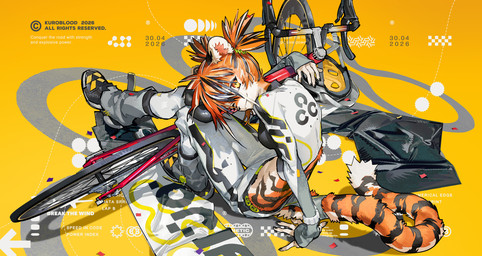 anthro bicycle bicycle_helmet black_body black_fur black_hair bottomwear breasts claws clothing crop_top female finger_claws footwear fur hair looking_at_viewer one_eye_closed orange_background orange_body orange_eyes orange_fur orange_hair pants pigtails shirt shoes simple_background sitting smile smiling_at_viewer sneakers solo striped_body striped_fur stripes text topwear vehicle white_body white_bottomwear white_clothing white_fur white_hair white_pants white_shirt white_topwear wink kuroblood arknights hypergryph studio_montagne waai_fu_(arknights) felid mammal pantherine tiger english_text hi_res