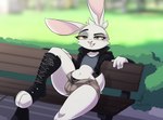 belly bench boots bottomwear bulge clothing femboy footwear hotpants jacket long_ears makeup male on_bench outside panties park shoes shorts simple_background sitting smile solo tail teeth thick_thighs topwear underwear unzipped_shorts wide_hips standing_tough texi_(yitexity) lagomorph leporid mammal rabbit hi_res