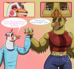 4_fingers abdominal_scar abs anthro beak beak_scar big_breasts blonde_eyebrows blonde_hair blue_bottomwear blue_clothing blue_eyes blue_pants blue_shirt blue_topwear bottomwear breasts cheek_spots claws clothed clothed_anthro clothed_female clothing crop_top dancing dialogue duo eyebrows eyes_closed facial_markings facial_scar feather_hair feather_hands feathers female female/female female_anthro finger_claws fingers fully_clothed fully_clothed_anthro fully_clothed_female gradient_background grey_claws hair half-closed_eyes hand_holding head_markings heterochromia larger_anthro larger_female light lips logo markings midriff mohawk motion_lines multicolored_hair muscular muscular_anthro muscular_female narrowed_eyes navel open_mouth open_smile orange_beak orange_markings pants pink_eyebrows pink_eyes pink_scar pink_tongue pockets pseudo_hair purple_wristband red_clothing red_crop_top red_eyes red_hair red_lips red_shirt red_topwear scar sharp_teeth shirt shoulder_scar simple_background size_difference smile smiling_at_another tail tail_feathers teeth text thick_thighs tongue toothed_beak topwear two_tone_hair white_body white_feathers white_hair white_tail yellow_tail skywater five_nights_at_freddy's five_nights_at_freddy's_4 fredbear_college freddy_fazbear's_pizzeria_simulator scottgames fantina_roosett funtime_chica_(fnaf) nightmare_chica_(fnaf) niph_enztab avian bird chicken galliform gallus_(genus) phasianid 2025 absurd_res artist_logo colored digital_drawing_(artwork) digital_media_(artwork) english_description english_text hi_res lighting multiple_scenes shaded simple_shading