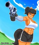 abs aiming anthro black_bottomwear black_clothing black_hair black_shorts blue_eyes bottomwear breasts clothing cybernetic_arm cybernetic_limb cybernetics dolphin_shorts female gun hair handgun machine orange_body ranged_weapon revolver shirt shorts sky smile smiling_at_viewer smirk smirking_at_viewer solo tail tank_top text topwear weapon white_clothing white_topwear arisenleaf cloe_(arisenleaf) cyborg equid equine humanoid mammal animated short_playtime