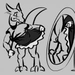 ambiguous_gender butt clothing gloves handwear horn maid_uniform mirror simple_background solo uniform dragontherapist kobold scalie 1:1 black_and_white monochrome