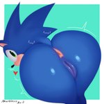 anthro anus aroused bent_over big_butt black_nose blue_body blue_butt blue_fur blue_legs blue_pussy blush blush_lines bodily_fluids butt butt_focus crossgender excited female fur genital_fluids genitals green_eyes heart_symbol huge_butt huge_thighs innie_pussy looking_at_viewer looking_back looking_back_at_viewer mtf_crossgender onomatopoeia pink_anus plump_labia presenting presenting_anus presenting_hindquarters presenting_pussy pussy pussy_juice_string rear_view simple_background solo sound_effects spikes sweat sweatdrop sweaty_butt tail tail_motion tailwag tan_body tan_fur text thick_thighs vaginal_fluids waiting marbleous sega sonic_the_hedgehog_(series) sonic_the_hedgehog eulipotyphlan hedgehog mammal hi_res