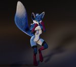 angry anthro blue_body blue_fur clothing dipstick_tail female fight fighting_pose fur gloves_(marking) legwear looking_at_viewer markings mostly_nude multicolored_tail nipples nude pose simple_background solo tail tail_markings thigh_highs ruaidri titord canid canine fox mammal 3d_(artwork) digital_media_(artwork)