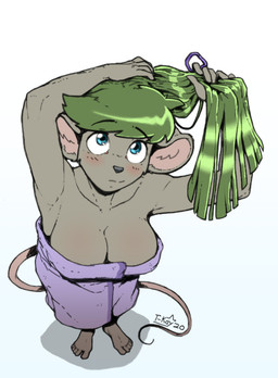 anthro big_breasts breasts cleavage clothed clothing female green_hair hair high-angle_view scrunchie solo towel t-kay katie_tinson mammal mouse murid murine rodent