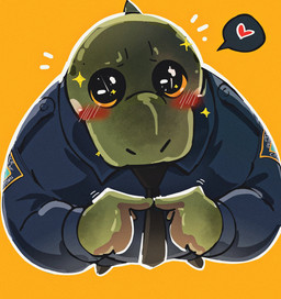anthro black_clothing black_footwear black_necktie black_shoes blue_bottomwear blue_clothing blue_pants blue_shirt blue_topwear bottomwear chibi clothed clothed_anthro clothed_male clothing footwear front_view fully_clothed fully_clothed_anthro fully_clothed_male green_body heart_symbol high-angle_view index_to_index looking_at_viewer looking_up looking_up_at_viewer male motion_lines necktie orange_background pants pleading_eyes rosy_cheeks shirt shoes simple_background solo sparkles sparkling_eyes text topwear teseirei koda_(teseirei) crocodilian reptile scalie 2025 digital_drawing_(artwork) digital_media_(artwork) english_text hi_res