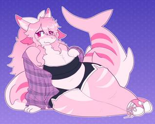 :3 anthro belly big_breasts bra breasts cleavage clothed clothing countershading female footwear gradient_background hair long_hair lying navel on_side pink_body shark_tail shoes simple_background slightly_chubby slightly_chubby_anthro smile solo sports_bra striped_body stripes underwear arcadebunni aquatic fish shark 2025 hi_res