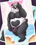 anthro balls beach belly black_body black_nose bodily_fluids cloud genital_fluids genitals male moobs nipples overweight overweight_male penis precum solo tongue tongue_out water white_body 06betos11 bear giant_panda mammal 2024 absurd_res hi_res