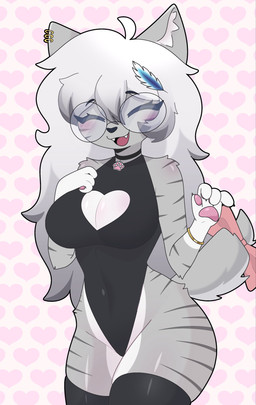 accessory anthro big_breasts black_clothing black_legwear black_leotard black_nose black_stockings blush bow_ribbon bracelet breasts clothing collar ear_piercing eyes_closed eyewear fangs female fur furgonomics glasses grey_body grey_fur grey_hair hair inner_ear_fluff jewelry legwear leotard long_hair markings open_mouth pawpads piercing pink_pawpads ribbons round_glasses small_waist smile solo standing stockings striped_markings stripes tail tail_accessory tail_bow tail_ribbon teeth thick_thighs thigh_highs tuft wearing_glasses white_body white_fur mandoy domestic_cat felid feline felis mammal 2025 colored digital_drawing_(artwork) digital_media_(artwork) hi_res shaded
