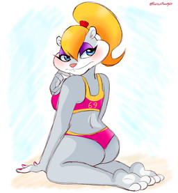 3_toes 69_(number) anthro blush butt clothing colored_nails feet female kneeling nails pink_clothing soles solo toes missnatzooie conker's_bad_fur_day rareware berri chipmunk ground_squirrel mammal rodent sciurid hi_res