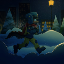 anthro backpack black_body black_fur blue_eyes boots bottomwear breath clothing fangs footwear fur gloves handwear happy hat headgear headwear jacket male night open_mouth pants running scarf shoes snow snowing solo teeth topwear young young_anthro young_male dakkawoof dakka canid canine canis mammal wolf 1:1 2019 hi_res