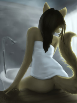anthro bath bathroom brown_hair butt eyes_closed female fluffy fur hair light painting_(object) peaceful solo sunlight towel window yellow_body yellow_fur rayeour felid feline mammal 3:4 absurd_res digital_media_(artwork) hi_res