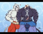 abs angry anthro biceps big_muscles big_pecs blush bulge bulge_rubbing clothed clothing duo flexing fur huge_muscles male male/male muscular muscular_anthro muscular_male pecs simple_background smile smirk standing zephir onmyou_taisenki kogenta_(onmyou_taisenki) rangetsu_(onmyou_taisenki) felid mammal pantherine tiger digital_media_(artwork) hi_res letterbox