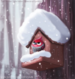 beak birdhouse black_eyes feathered_wings feathers feral forest grumpy male outside plant red_body red_feathers scarf snow snowing solo text tree wings winter wood piper_thibodeau avian bird cardinal_(bird) northern_cardinal oscine passerine 2020 digital_media_(artwork) digital_painting_(artwork) painting_(artwork) url
