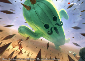 ambiguous_gender bottomwear cactus cape clothing extreme_size_difference facial_hair green_body group hat headgear headwear male mustache not_furry on_one_leg open_mouth pants plant size_difference spikes standing text thatjaykart final_fantasy hasbro magic:_the_gathering square_enix wizards_of_the_coast irvine_kinneas cactuar elemental_creature flora_fauna human mammal 2025 english_text hi_res official_art