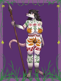 anthro big_breasts black_hair bodypaint breasts claws fangs female finger_claws hair larger_female long_hair melee_weapon polearm pubes size_difference solo spear tail teeth text toe_claws weapon whiskers soulanima venny_nykopp american_opossum mammal marsupial virginia_opossum absurd_res english_text hi_res