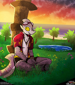 anthro beach bottomwear bracelet clothing cloud crossed_legs crosslegged_pose detailed_background eyewear eyewear_on_head fin flower footwear goggles goggles_on_head halftone_shading highlights_(coloring) jewelry looking_at_viewer male navel palm_tree pants plant sand sandals shark_fin shark_tail shark_teeth shark_tooth_necklace shirt shoes sitting smile solo sunset tail text topwear tree water secretagentarc pier_(felino) aquatic fish shark 2025 absurd_res colored digital_media_(artwork) english_text halftone hi_res shaded