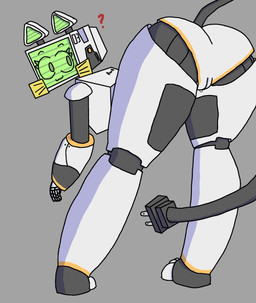 3_toes :3 anthro bent_over cable_tail electrical_plug_tail fake_whiskers featureless_butt feet female for_a_head genitals green_face green_inner_ear grey_background grey_body looking_at_viewer looking_back looking_back_at_viewer machine noseless nude post-it_note question_mark rear_view screen screen_face simple_background solo thick_thighs toes vulva white_body pogchampion019 pur_03 domestic_cat felid feline felis mammal object_head robot robot_anthro screen_head 2025 cel_shading full-length_portrait hi_res portrait shaded