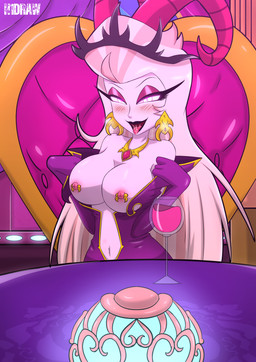 2_horns alcohol areola armwear barbell_piercing bedroom_eyes beverage big_breasts black_lipstick blonde_hair blush blush_lines bodily_fluids breasts clothing container crown cup curled_horn date_pov dress drinking_glass drooling ear_piercing ear_ring elbow_gloves exposed_breasts eyelashes eyeshadow female glass glass_container glass_cup gloves gold_(metal) gold_jewelry gold_necklace hair handwear headgear heart_eyes heart_symbol horn jewelry light-skinned_female light_body light_skin lipstick looking_at_viewer lustful_gaze makeup mature_female mature_humanoid narrowed_eyes navel necklace nipple_barbell nipple_piercing nipples not_furry open_mouth open_smile piercing pink_eyeshadow purple_clothing purple_dress purple_gloves purple_handwear ring_piercing saliva seductive sitting smile solo text tiara tongue tongue_out undressing white_eyes wine wine_glass h1draw hazbin_hotel hellaverse lilith_magne_(hazbin_hotel) demon demon_humanoid horned_humanoid humanoid 2025 absurd_res artist_name digital_drawing_(artwork) digital_media_(artwork) hi_res watermark