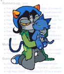 ambiguous_gender anthro blush blush_lines bodily_fluids carrying_another clothed clothing duo eyes_closed french_kissing humanoid_on_anthro kissing kneeling plushie plushophilia saliva saliva_string tail tail_motion tailwag text text_background blu_moon homestuck ms_paint_adventures nepeta_leijon alien animate_inanimate domestic_cat felid feline felis humanoid living_plushie mammal troll_(homestuck) animated english_text loop short_playtime