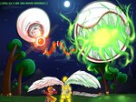 armor fungus grass group melee_weapon moon mushroom night outside plant size_difference sword text tree weapon wings blackarabi terraria mechanic_(terraria) the_twins_(terraria) eye_creature human mammal monster hi_res translated