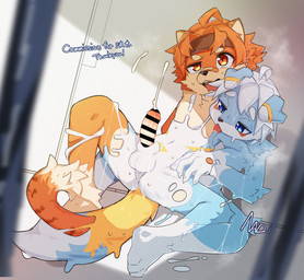 3_toes 4_fingers ahoge animal_genitalia anthro bangs black_nose blue_body blue_ears blue_eyes blue_fur blue_tail bodily_fluids body_control breath censor_bar censored_genitalia censored_penis chest_tuft circle_eyebrows claws dazed dipstick_ears dipstick_tail door drooling duo ear_markings ears_down ejaculation erection eyebrows feet finger_claws fingers from_behind_position fur fur_markings genitals gloves_(marking) goo_transformation hair humanoid_genitalia humanoid_penis inside leg_markings licking looking_pleasured male male/male markings multicolored_body multicolored_ears multicolored_fur open_mouth orange_body orange_eyes orange_fur orange_hair penis pivoted_ears saliva sex sheath sitting sitting_on_ground slime socks_(marking) spread_legs spreading striped_body striped_fur stripes sweat sweatdrop tail tail_markings tail_tuft text toes tongue transformation tuft two_tone_body two_tone_fur white_body white_ear_tips white_eyebrows white_fur white_hair white_paws white_tail_tip yellow_markings young young_anthro young_male wuirnad canid canine canis domestic_dog felid feline felis goo_creature hybrid mammal pantherine tiger artist_name censored hi_res signature