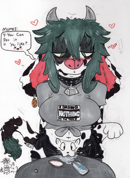 anthro blush bodily_fluids bottle clothing collar container cowbell dialogue drawing_on_body ear_piercing female furniture genital_fluids genitals green_eyes green_hair grey_clothing grey_shirt grey_t-shirt grey_topwear hair looking_down marker milk milk_bottle milk_container name_in_dialogue piercing shirt solo speech_bubble t-shirt table tail text topwear vaginal_fluids vulva mootsncompany pussy-cat_(meme) mumei_(mootsncompany) bovid bovine cattle domestic_cat felid feline felis holstein_friesian_cattle mammal absurd_res english_text hi_res sketch traditional_media_(artwork)