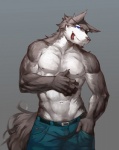 5_fingers abs anthro belt biceps big_muscles biped black_nose blue_eyes bottomwear claws clothed clothing eye_patch eyewear fingers front_view fur grey_background grey_body grey_fur hand_in_pocket hand_on_belly hand_on_chest kemono looking_at_viewer male muscular muscular_anthro muscular_male nipples pants pecs pockets pose simple_background smile solo standing teal_bottomwear teal_clothing tongue tongue_out topless v-cut white_body white_fur nviek5 canid canine canis mammal wolf