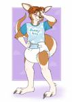 anthro blush claws clean_diaper clothed clothing diaper eyebrows fur hair male shirt simple_background solo standing text toe_claws topwear wearing_diaper dracky kangaroo macropod mammal marsupial english_text hi_res