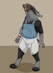 2024 abdominal_bulge almost_fully_inside anthro anthro_pred balls_outline biped black_body black_fur bottomwear brown_eyes bulge claws clothed clothing detailed_bulge duo ear_piercing ear_ring fully_clothed fur genital_outline grey_body grey_fur head_first hi_res lagomorph leporid male male_pred mammal oral_vore paws penis_outline piercing rabbit ring_piercing shorts simple_background strega suspenders tan_background vore